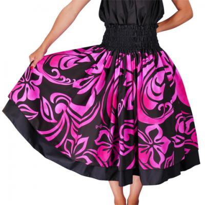 Hula Double & Reversible Pau Skirt with Hibiscus  Print / Black / G2225