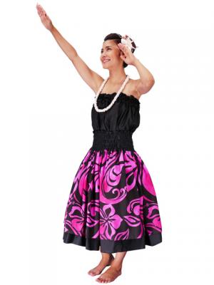 Hula Double & Reversible Pau Skirt with Hibiscus  Print / Black / G2225