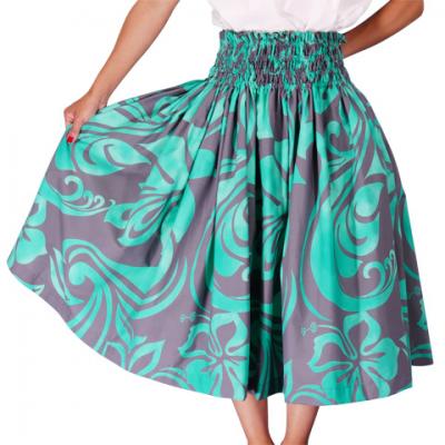 Hula Pa'u Skirt with Hibiscus Print / Gray & Green /G2231