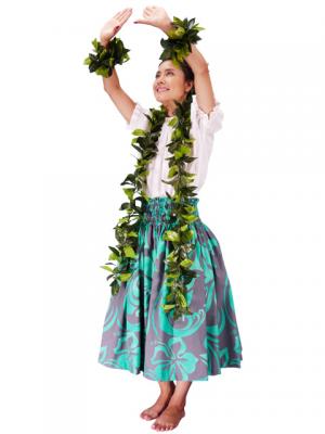 Hula Pa'u Skirt with Hibiscus Print / Gray & Green /G2231