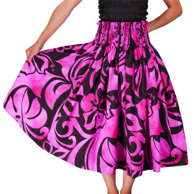 Hula Pa'u Skirt with Hibiscus Print / Black & Pink /G2233