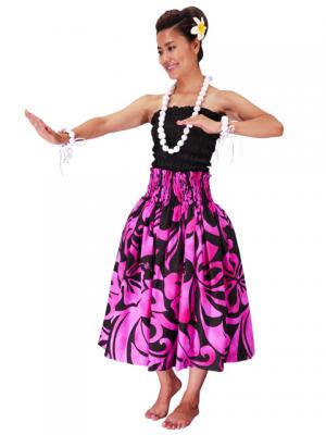 Hula Pa'u Skirt with Hibiscus Print / Black & Pink /G2233