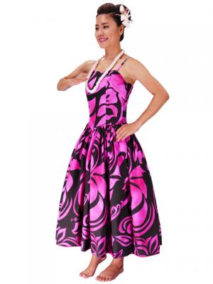 Hula Midi Dress with Hibiscus Print / Black & Pink / G2258bpi