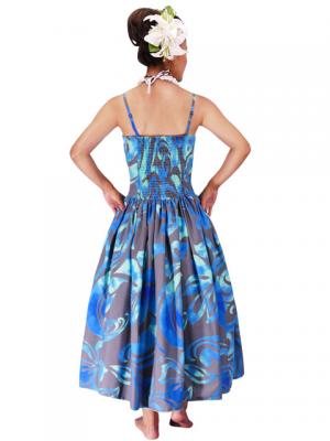 Hula Midi Dress with Hibiscus Print / Gray & Blue / G2258gbl