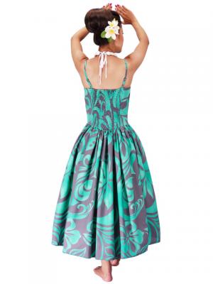 Hula Midi Dress with Hibiscus Print / Gray & Green / G2258ggr