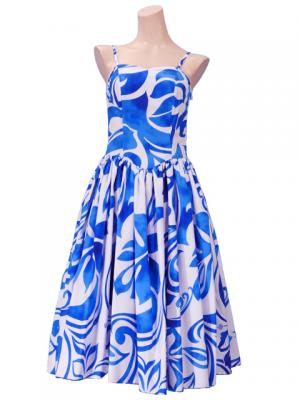 Hula Midi Dress with Hibiscus Print / White & Blue / G2258wbl