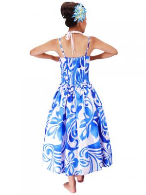 Hula Midi Dress with Hibiscus Print / White & Blue / G2258wbl