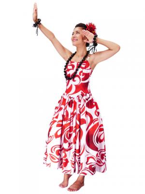 Hula Midi Dress with Hibiscus Print / White & Red / G2258wr