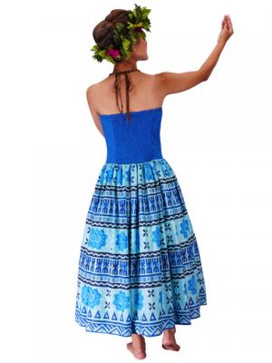 Hula Strapless Dress with Kahiko Print  / Blue  / G2260bl