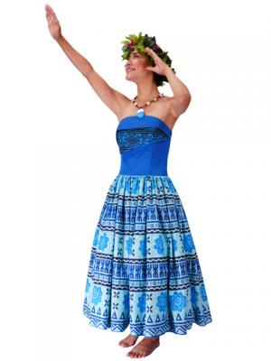 Hula Strapless Dress with Kahiko Print  / Blue  / G2260bl