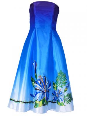 Hula Strapless Shantung Dress with Hibiscus / Luxury Collection / Blue  / J2269bl