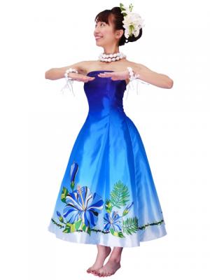 Hula Strapless Shantung Dress with Hibiscus / Luxury Collection / Blue  / J2269bl