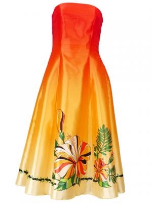 Hula Strapless Shantung Dress with Hibiscus / Luxury Collection / Orange  / J2269o