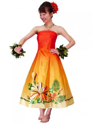 Hula Strapless Shantung Dress with Hibiscus / Luxury Collection / Orange  / J2269o