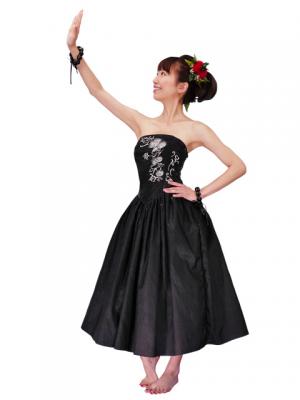 Hula Strapless Shantung Dress with Lehua Embroidery / Black  / G2308b