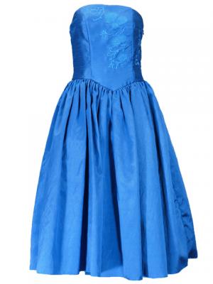 Hula Strapless Shantung Dress with Lehua Embroidery / Blue  / G2308bl