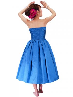 Hula Strapless Shantung Dress with Lehua Embroidery / Blue  / G2308bl