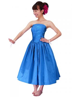 Hula Strapless Shantung Dress with Lehua Embroidery / Blue  / G2308bl