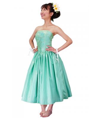 Hula Strapless Shantung Dress with Lehua Embroidery / Green  / G2308g