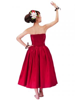 Hula Strapless Shantung Dress with Lehua Embroidery / Red  / G2308r