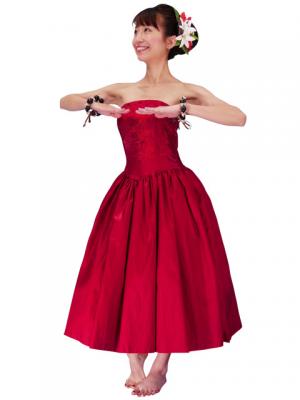 Hula Strapless Shantung Dress with Lehua Embroidery / Red  / G2308r