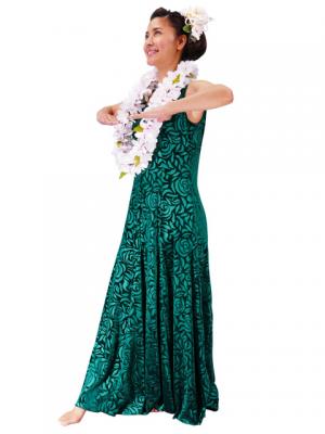 Hula Embossed Velvet Dress with Lokelani  / Green / G2309ga