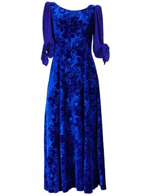 Hula Floral Embosed Velvet Dress with Ciffon sleeves  / Blue / G2337bl