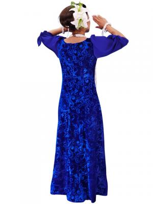 Hula Floral Embosed Velvet Dress with Ciffon sleeves  / Blue / G2337bl