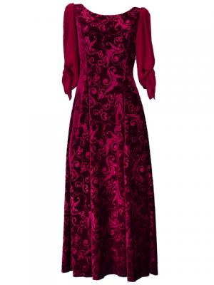 Hula Floral Embosed Velvet Dress with Ciffon sleeves  / Wine / G2337wi