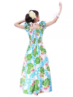 Hula Long Dress with Lehua Print / Blue / G2379bl