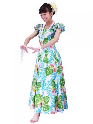 Hula Long Dress with Lehua Print / Blue / G2379bl