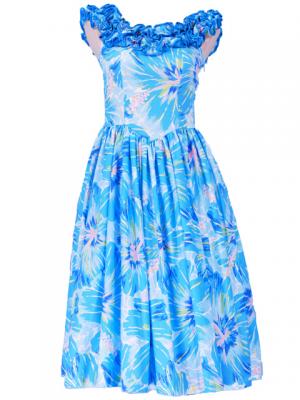 Hula Midi Dress with Hibiscus Print / Blue / G2380bl