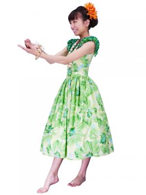 Hula Midi Dress with Hibiscus Print / Green / G2380gr