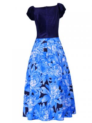 Hula Paff Sleeve Dress with Velvet & Protea Print / Blue / G2432bl