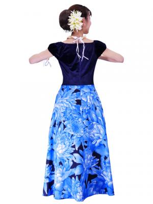 Hula Paff Sleeve Dress with Velvet & Protea Print / Blue / G2432bl