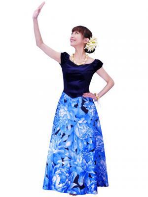 Hula Paff Sleeve Dress with Velvet & Protea Print / Blue / G2432bl