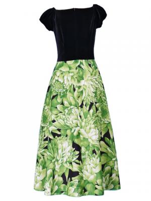 Hula Paff Sleeve Dress with Velvet & Protea Print / Green / G2432gr