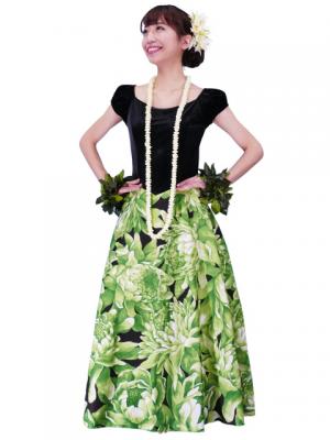 Hula Paff Sleeve Dress with Velvet & Protea Print / Green / G2432gr