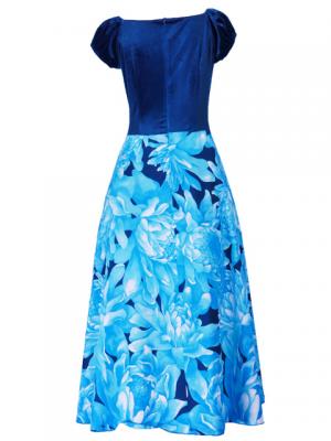Hula Paff Sleeve Dress with Velvet & Protea Print / Light Blue / G2432lbl