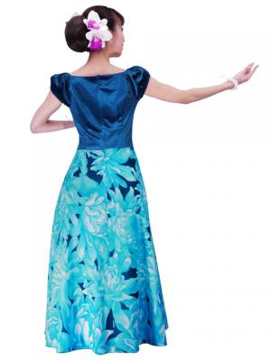 Hula Paff Sleeve Dress with Velvet & Protea Print / Light Blue / G2432lbl