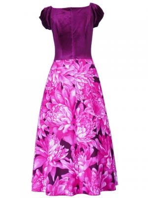 Hula Paff Sleeve Dress with Velvet & Protea Print / Pink / G2432pi