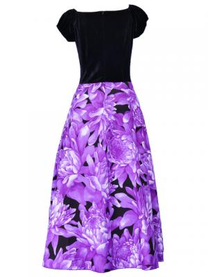 Hula Paff Sleeve Dress with Velvet & Protea Print / Purple / G2432pu