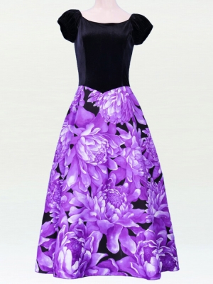 Hula Paff Sleeve Dress with Velvet & Protea Print / Purple / G2432pu