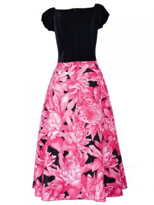 Hula Paff Sleeve Dress with Velvet & Protea Print / Red / G2432rd
