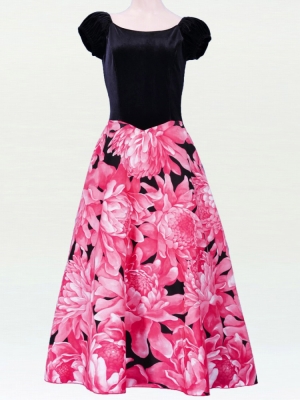 Hula Paff Sleeve Dress with Velvet & Protea Print / Red / G2432rd