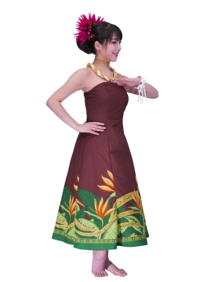 Hula Strapless Dress with Bird of Paradise / Brown  / G2474br