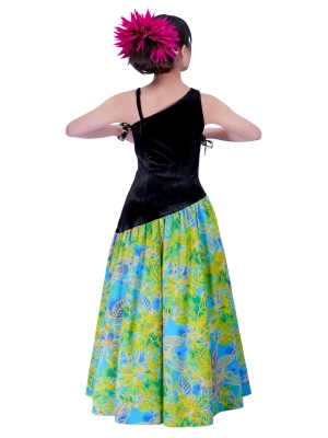 Hula One Shoulder Velvet & Plumeria Dress / Black & Blue-Green / G2483gr