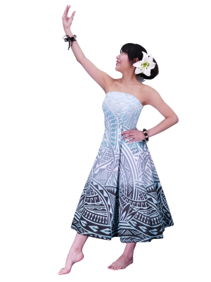 Hula Strapless Dress / Kahiko pattern / White & Black / G2485whbk