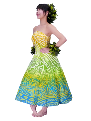 Hula Strapless Dress / Kahiko pattern / Yellow & Blue / G2485yebl