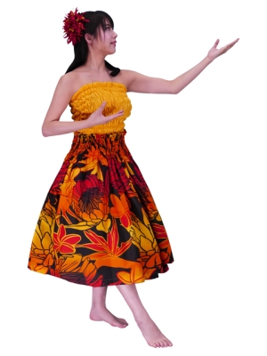 Hula Pa'u Skirt / Torch Ginger & Bird of Paradise / Orange / J2504